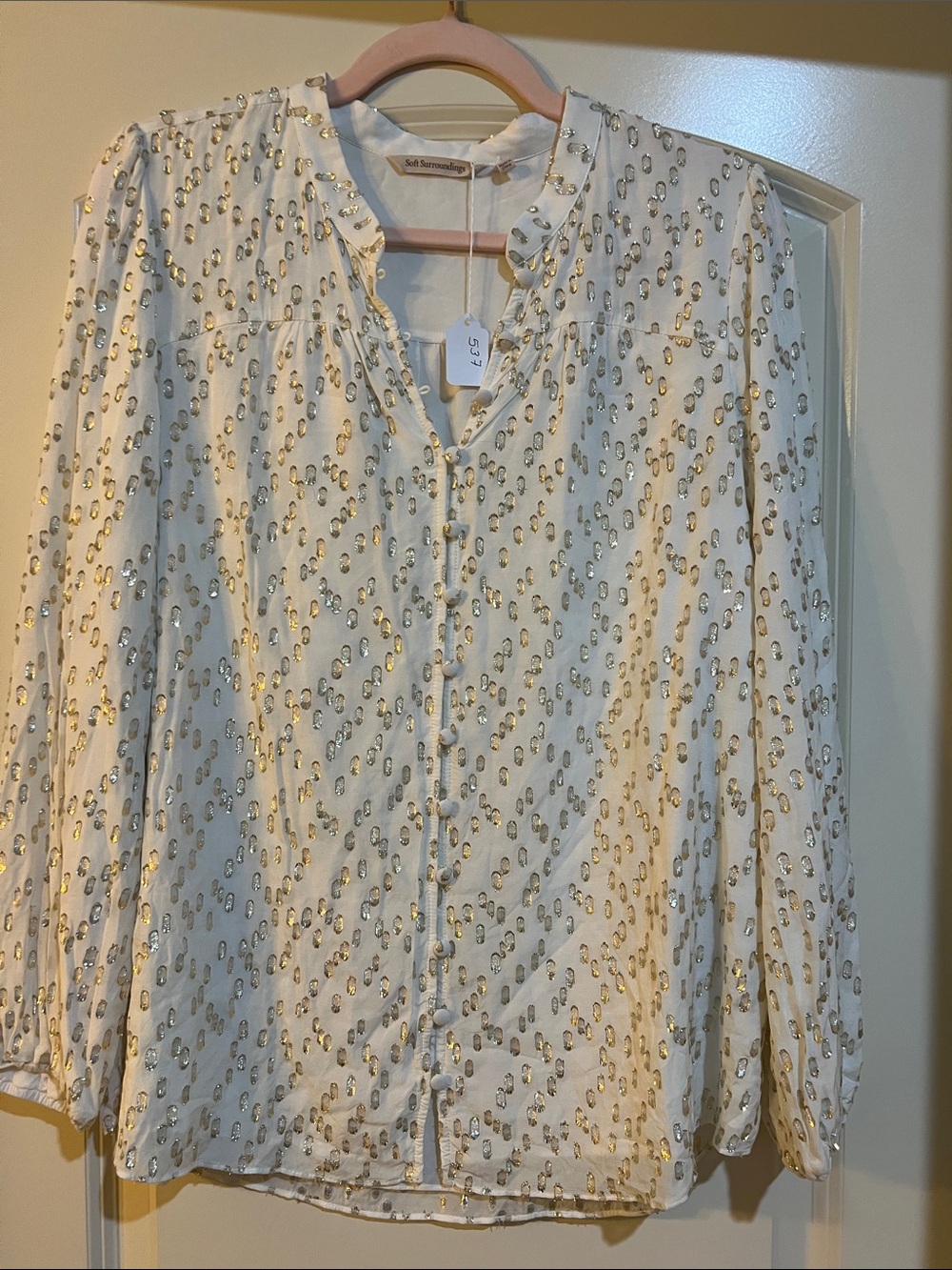 Soft Surroundings Cream Blouse with Gold Metallic Dot Print C537